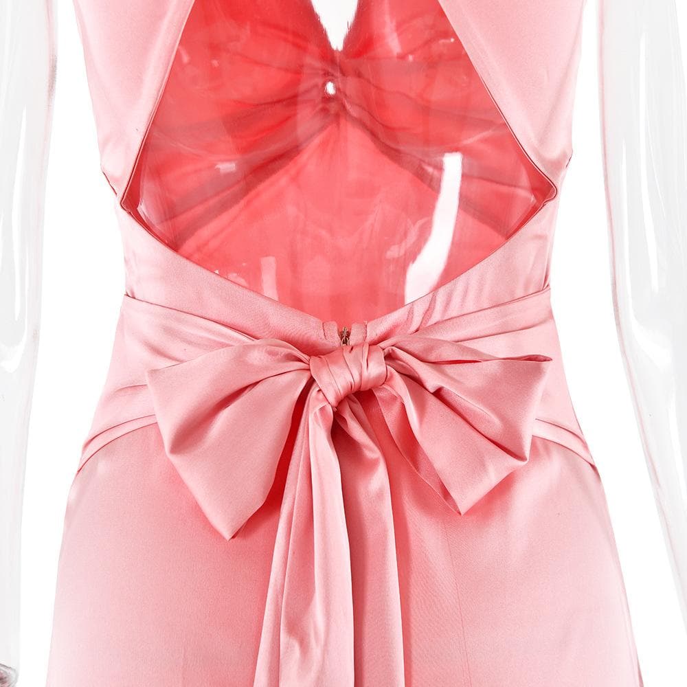 Ruched bowknot v neck satin cross back maxi dress