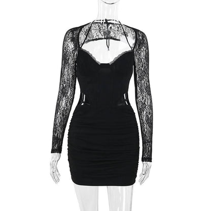 Long sleeve lace hollow out ruched self tie cut out mini dress
