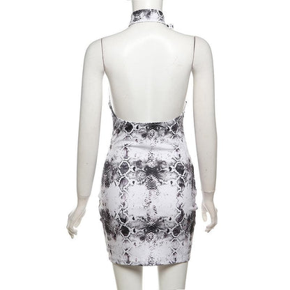 Halter snake print buckle backless mini dress