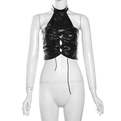 Halter backless PU leather zip-up crop top