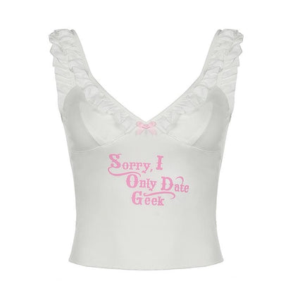 V neck ruffle letter print bowknot cami top