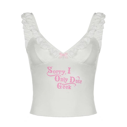 V neck ruffle letter print bowknot cami top