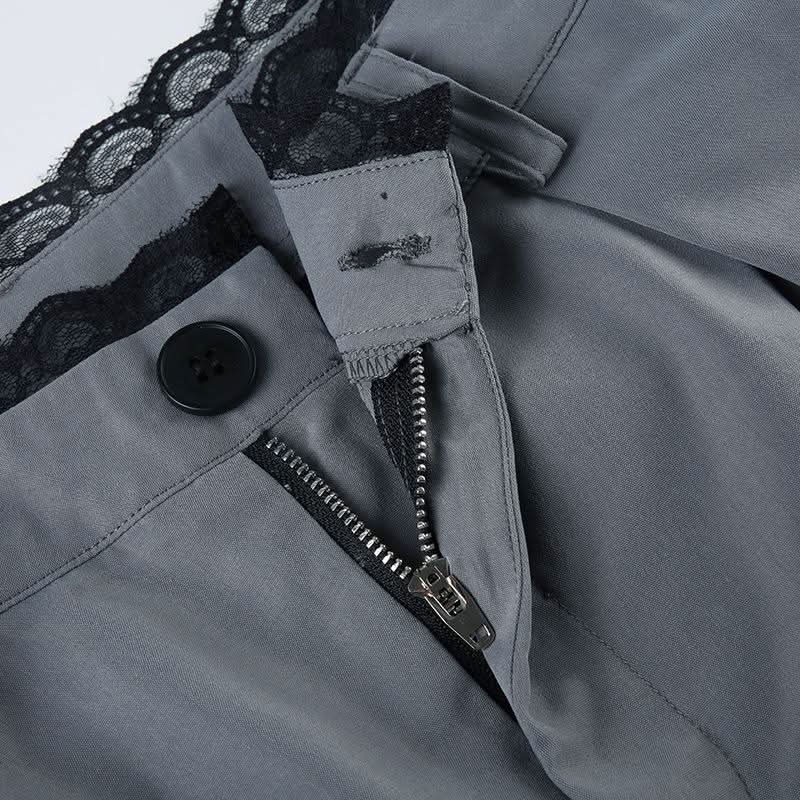 Lace hem button ruched low rise straight leg pant