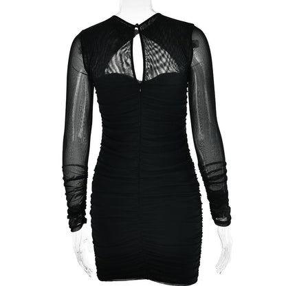 Hollow out ruched mesh long sleeve zip-up button cut out mini dress