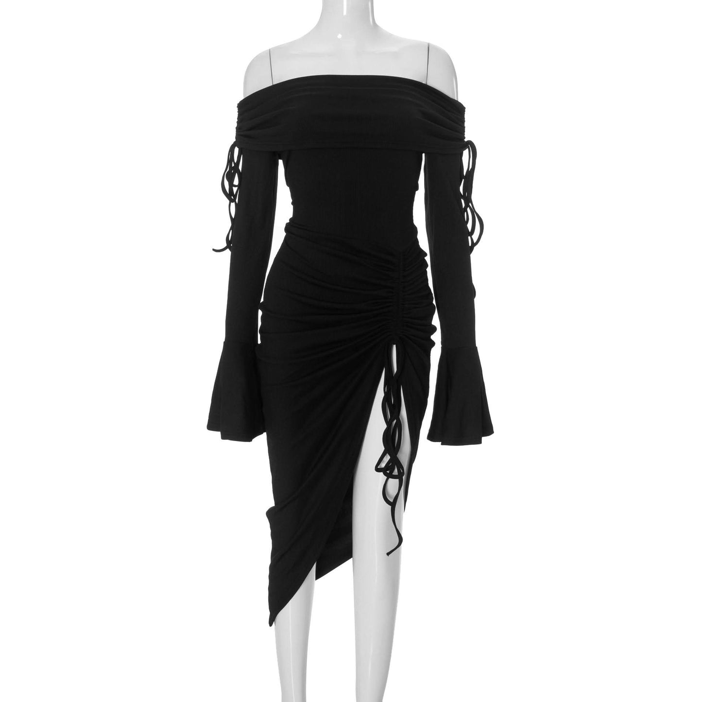 Flared sleeve off shoulder slit ruched self tie midi dress