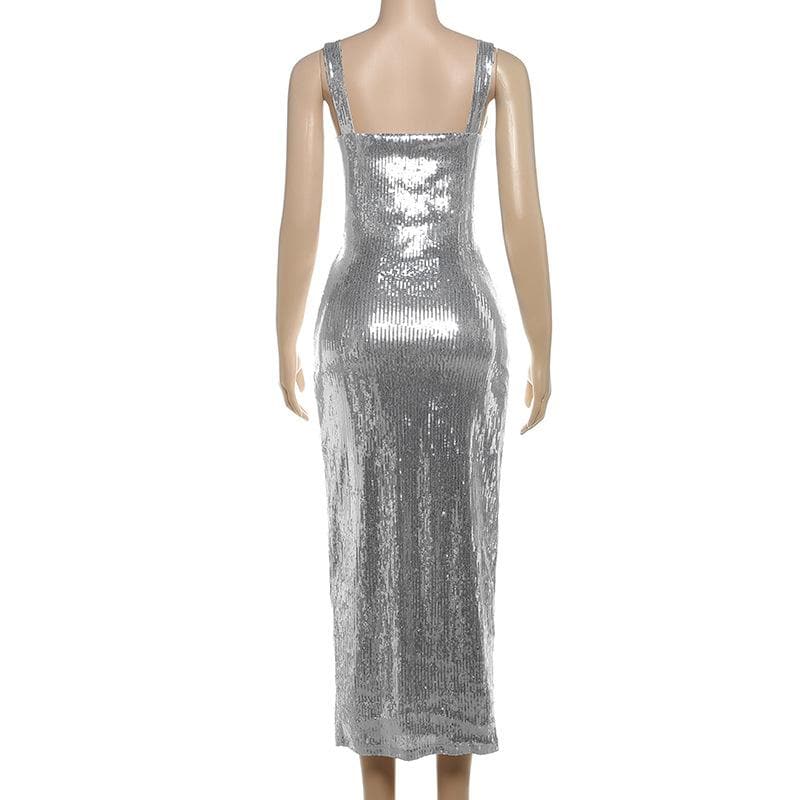 Glitter square neck hollow out metallic cut out midi dress