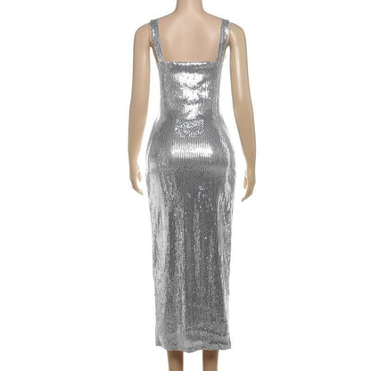 Glitter square neck hollow out metallic cut out midi dress