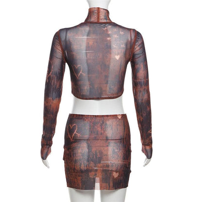 Long sleeve high neck print sheer mesh crop mini skirt set-final-sale