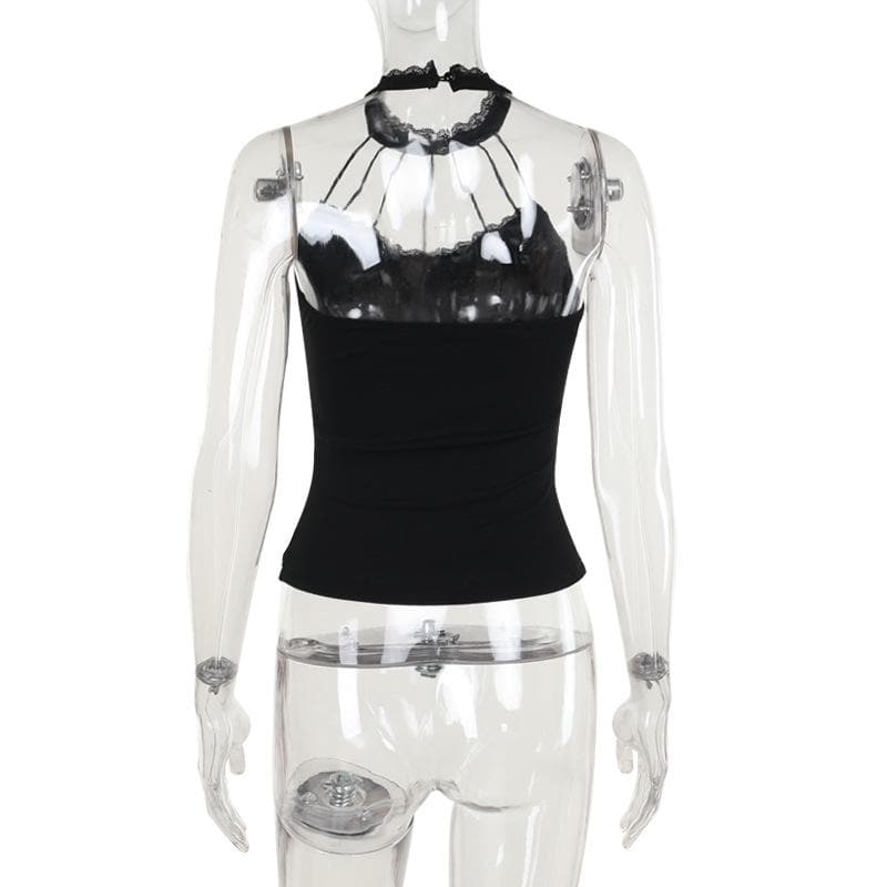 Halter beaded lace hem backless top