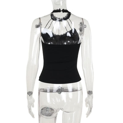 Halter beaded lace hem backless top