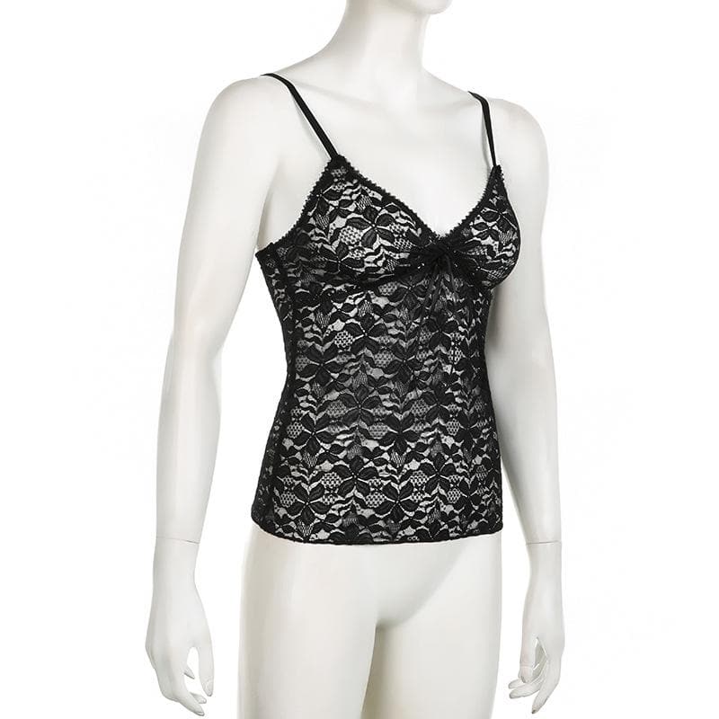 Lace see through solid v neck cami top