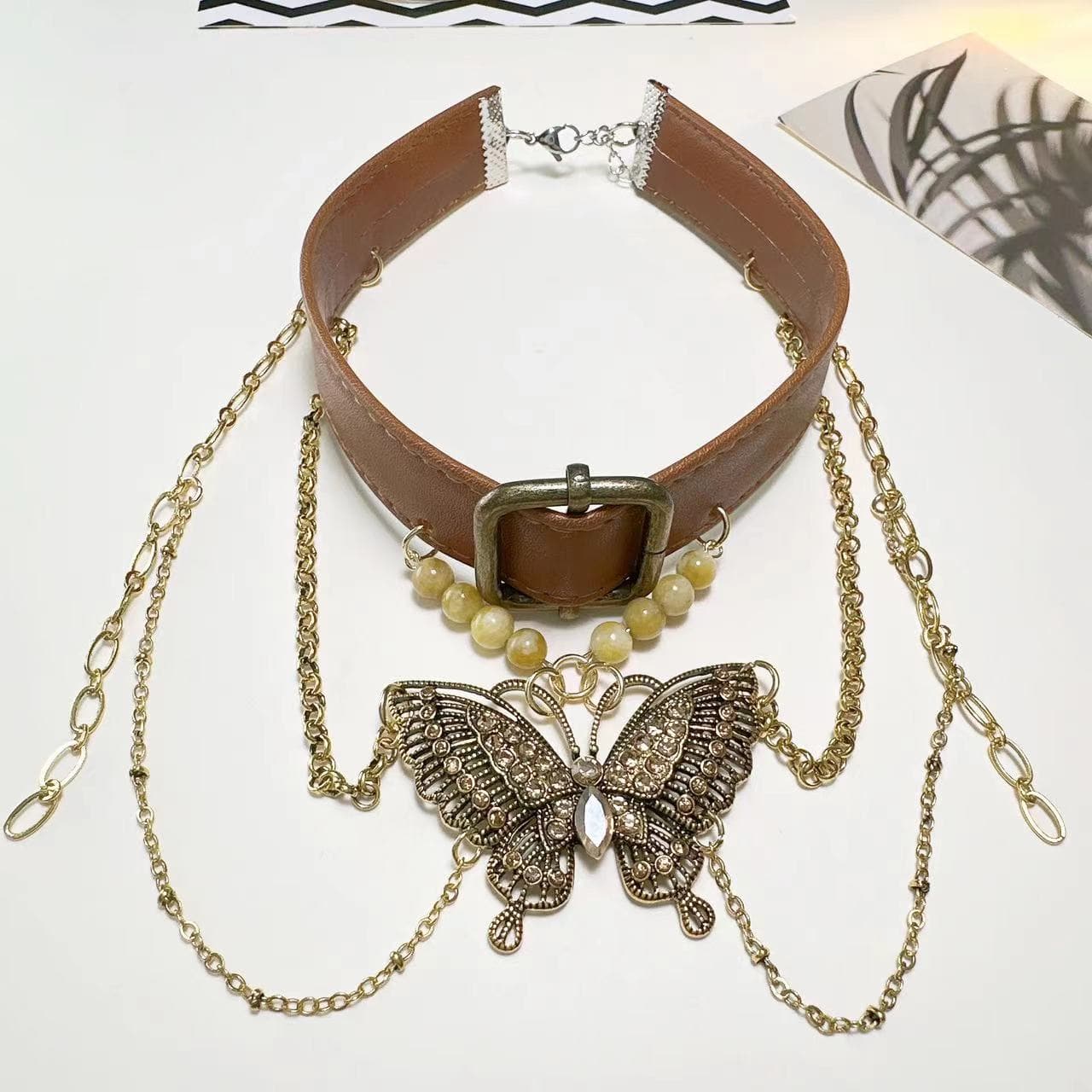 PU leather buckle butterfly pendant beaded choker necklace