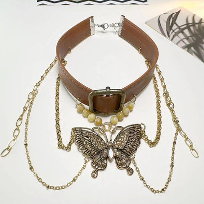 PU leather buckle butterfly pendant beaded choker necklace