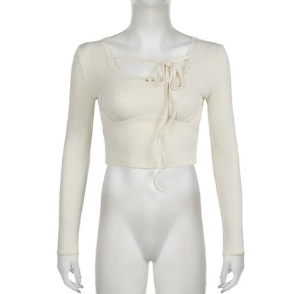 U neck long sleeve lace hem self tie crop top