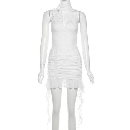 Ruched ruffle lace 2-way v neck cami mini dress