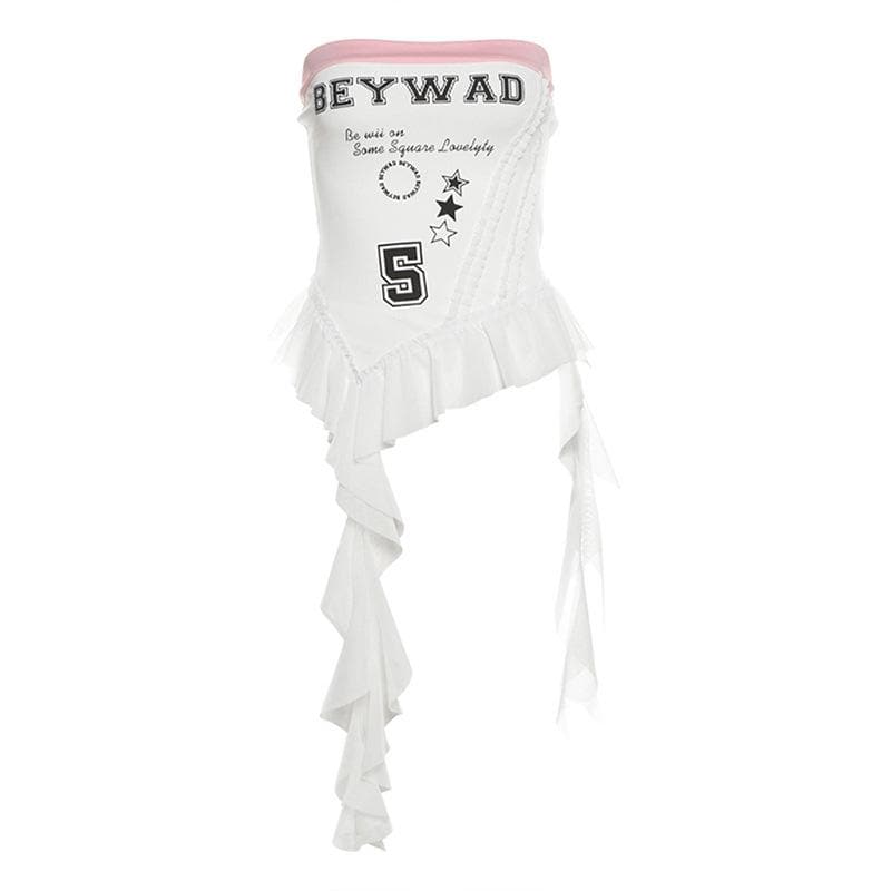 Ribbed “BEYWAD” print patchwork ruffle tube top