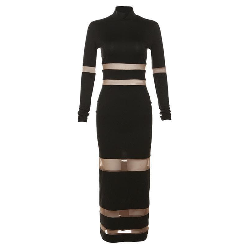 High Neck Mesh Panel Contrast Long Sleeve Bodycon Maxi Dress