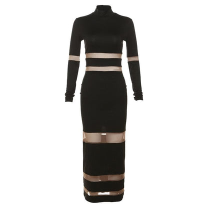 High Neck Mesh Panel Contrast Long Sleeve Bodycon Maxi Dress