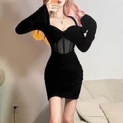 Fuzzy Cold Shoulder Corset Mesh Panel Bell Sleeve Mini Dress