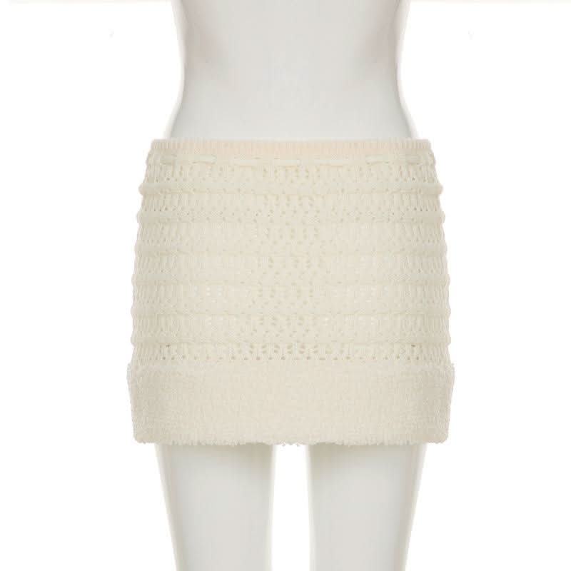 Hollow out drawstring fluffy self tie solid cut out mini skirt