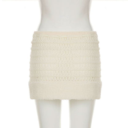 Hollow out drawstring fluffy self tie solid cut out mini skirt