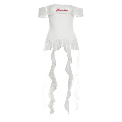 Short sleeve off shoulder letter print lace ruffle top
