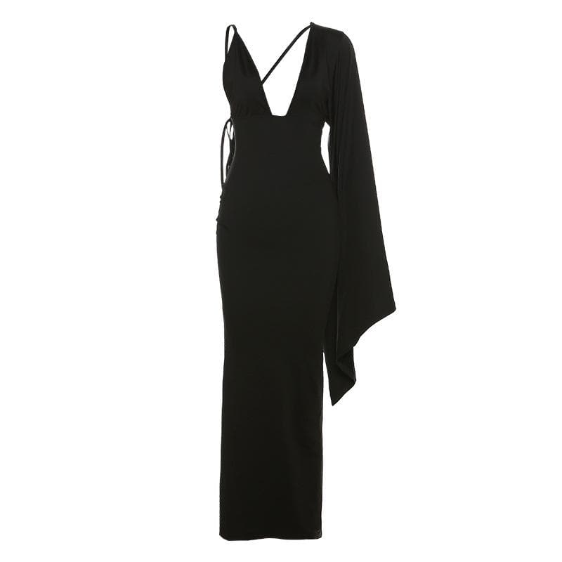 Deep V One Shoulder Angel Sleeve Mermaid Bodycon Maxi Dress