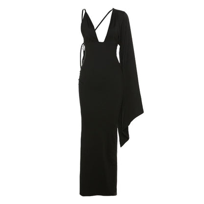 Deep V One Shoulder Angel Sleeve Mermaid Bodycon Maxi Dress