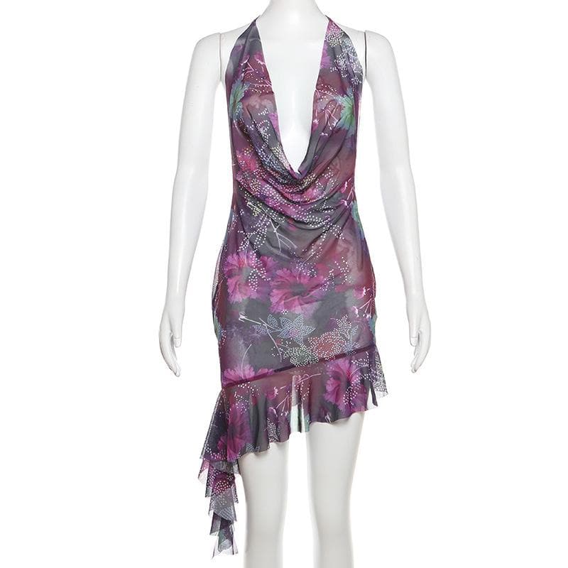 Halter cowl neck beaded sheer mesh print mini dress