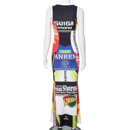 Sleeveless u neck print contrast tank maxi dress