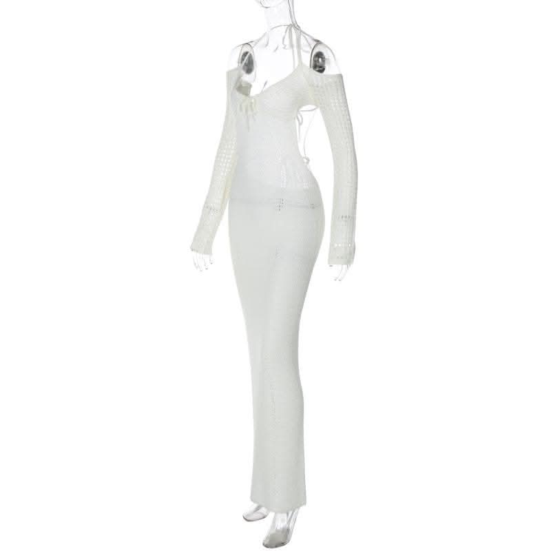 Long sleeve off shoulder halter knitted backless maxi dress-final-sale