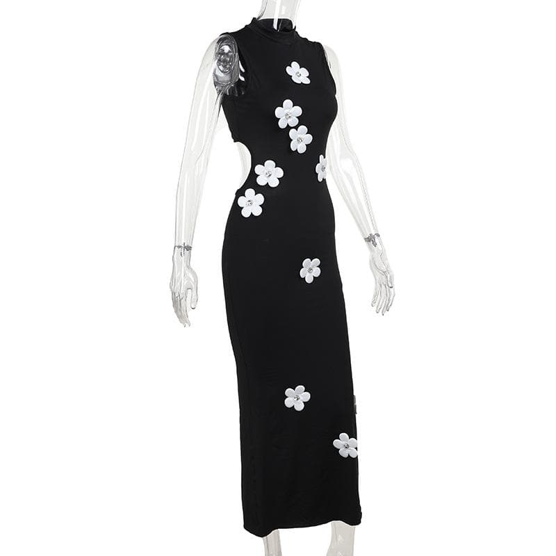 Sleeveless crewneck flower applique backless maxi dress