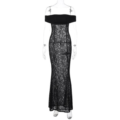 Off Shoulder Floral Lace Sheer Bodycon Floor Length Maxi Dress