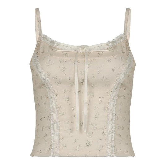 Lace hem bowknot ribbon print stitch cami top