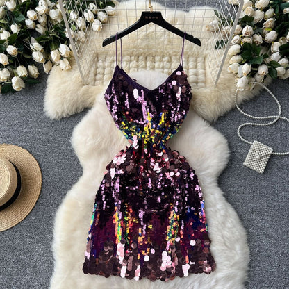 Glitter v neck spaghetti strap zip-up backless mini dress