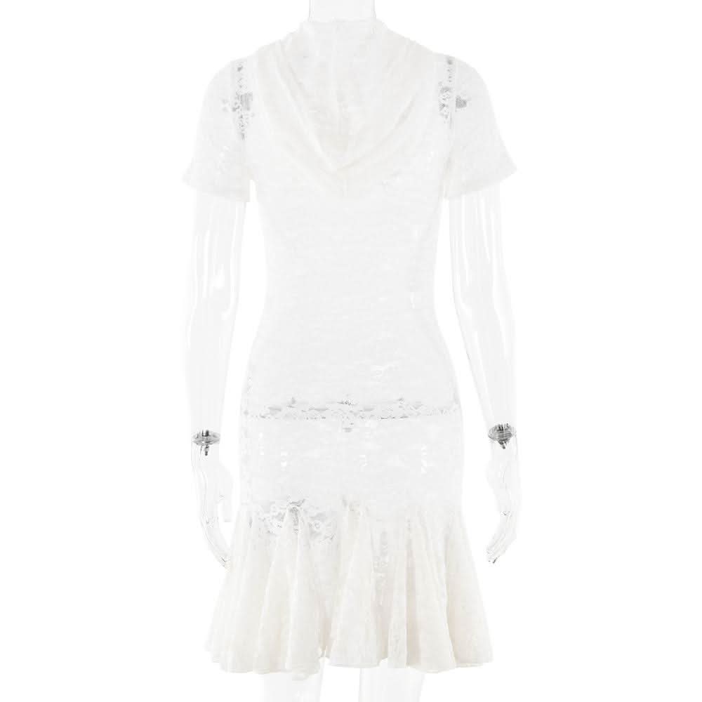 Short sleeve hoodie lace see through mini dress