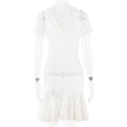 Short sleeve hoodie lace see through mini dress