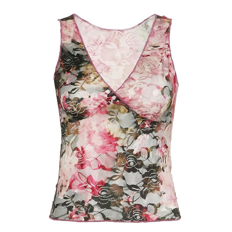 Lace v neck flower pattern stitch tank top