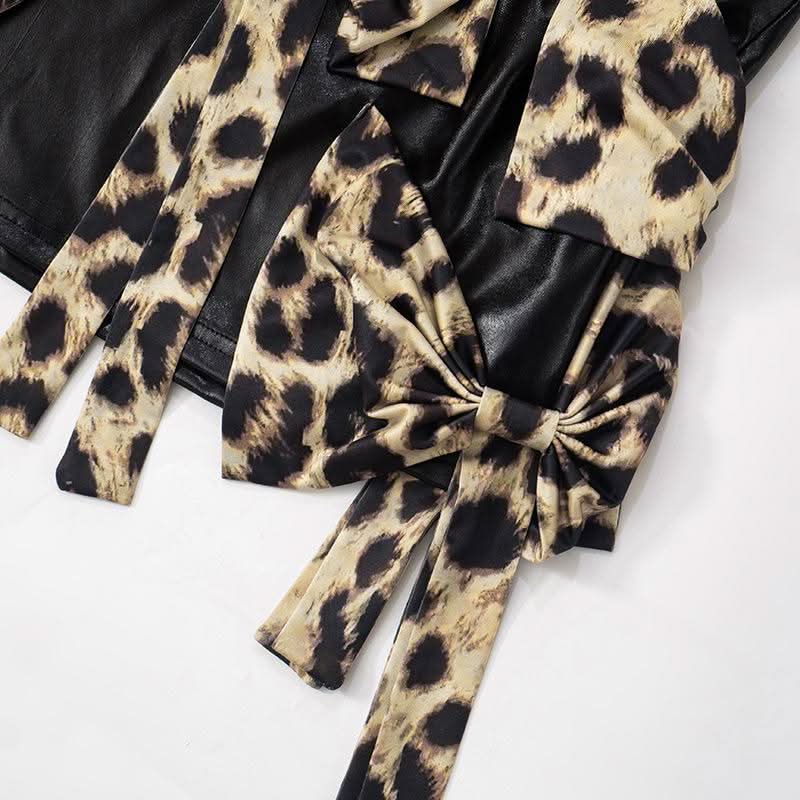 Leopard print bowknot PU leather contrast mini skirt