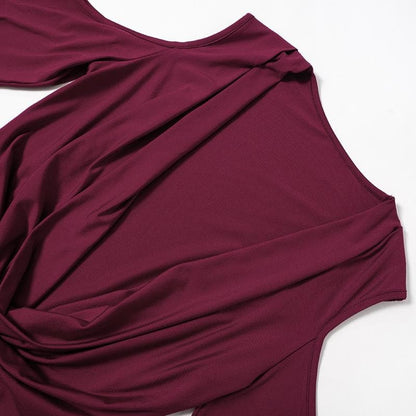 Long flared sleeve off shoulder cowl neck ruched solid mini dress