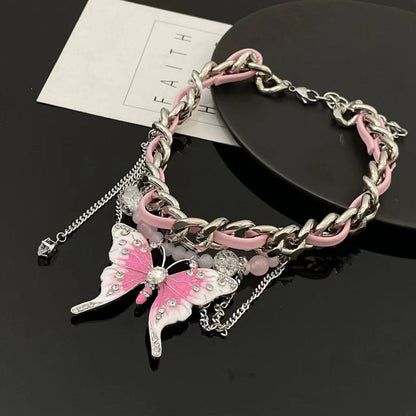 Pink butterfly beaded PU leather choker necklace
