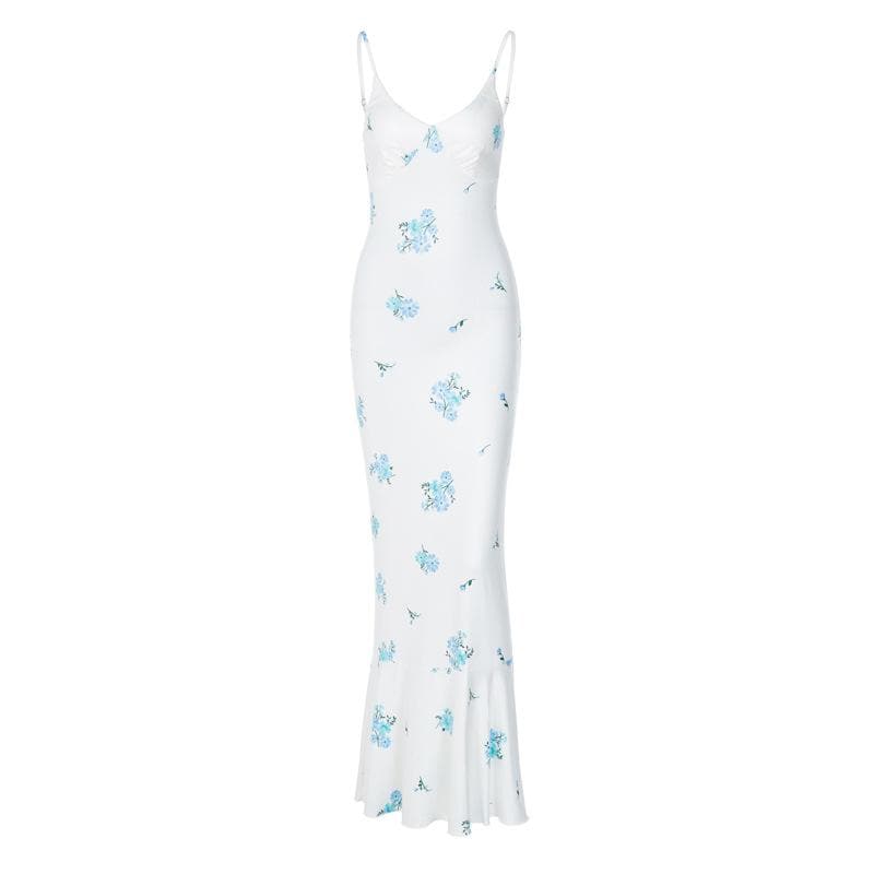 Spaghetti Strap V Neck Ruched Floral Print Mermaid Hem Maxi Dress