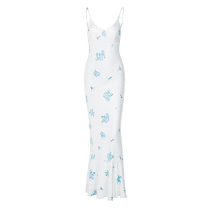 Spaghetti Strap V Neck Ruched Floral Print Mermaid Hem Maxi Dress