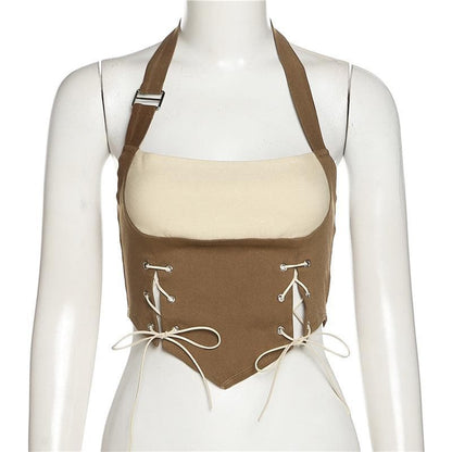 Lace up halter open back crop top