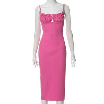 Spaghetti Strap Ruched Bust Keyhole Ribbed Knit Bodycon Midi Dress