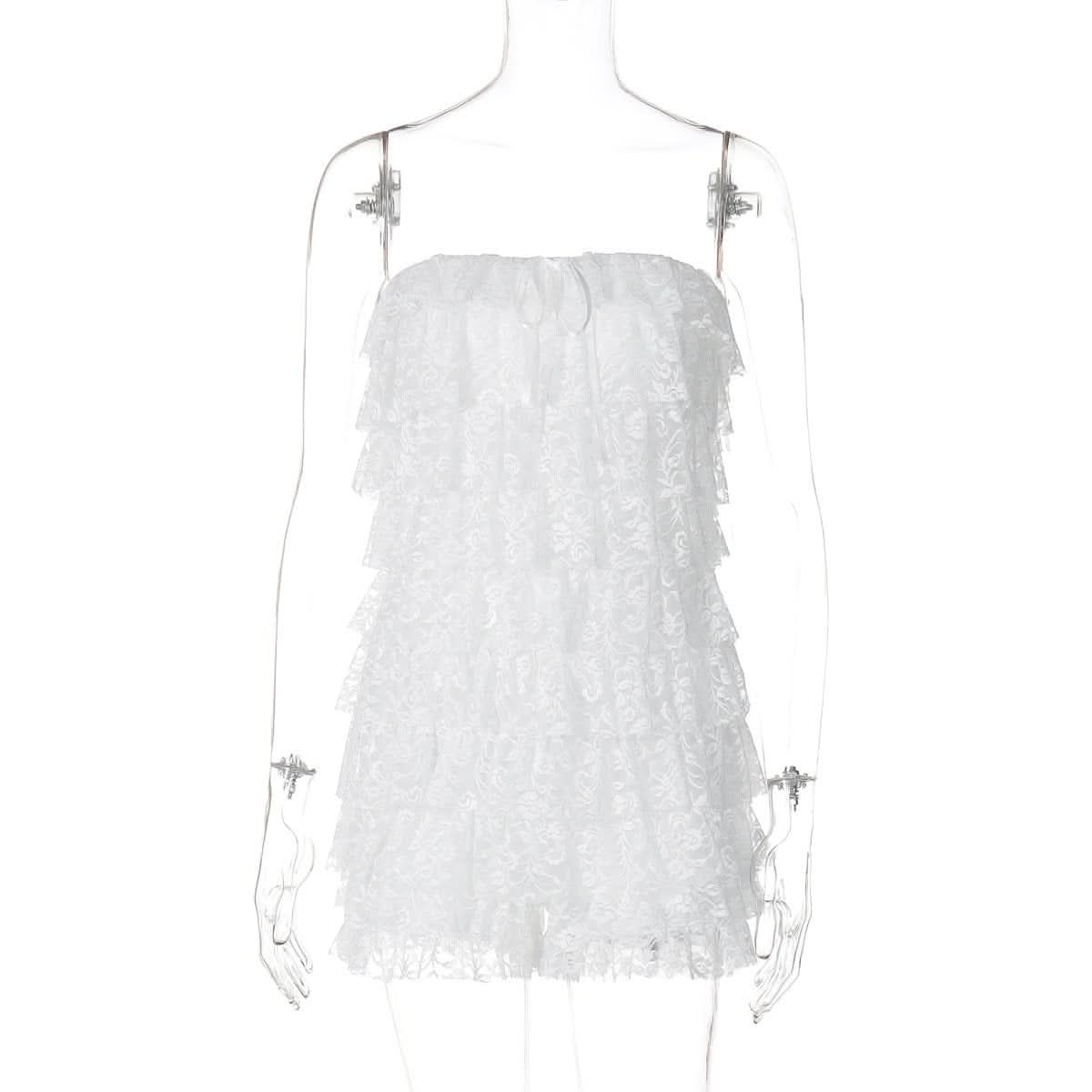 Bowknot lace backless ruffle tube mini dress-final-sale