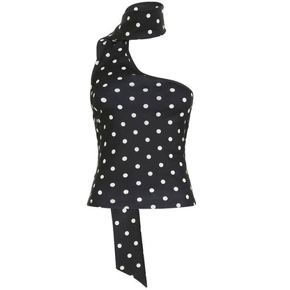 Irregular polka dot halter backless one shoulder top