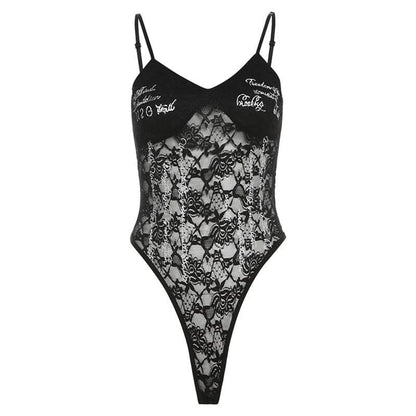 Lace v neck letter print button cami bodysuit