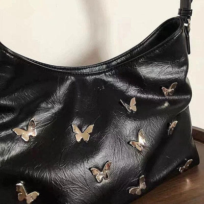 Butterfly applique PU leather ruched handbag
