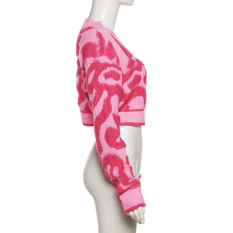 Button long sleeve textured v neck knitted contrast crop top